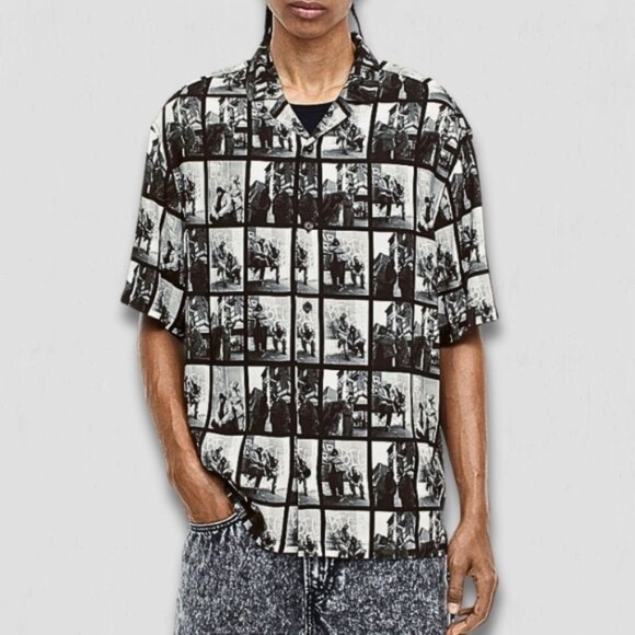 H&M Printed Resort Shirt Relaxed Fit Side-Slit Straight-Cut Hem Black/Gray sz XL - Picture 1 of 15